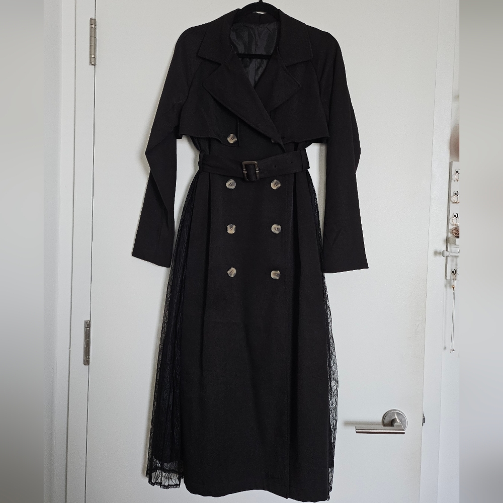 Resexxy Gyaru Black Trench Coat Pleated Lace Panel Sides Tortoise Shell Buttons - Picture 3 of 14